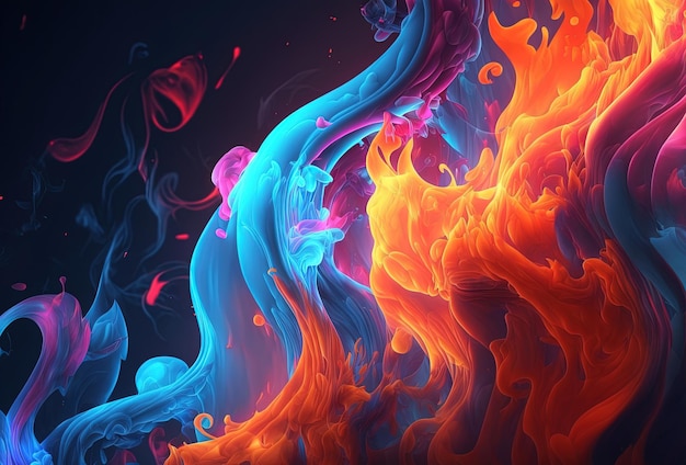 Multicolored neon fire on a dark background Surrealistic flames of red blue and yellow Fantastic moving pattern 3D render AI generated