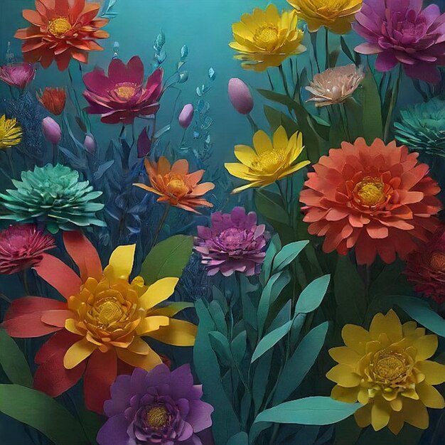 Multicolored neon flowers in cut paper style Plants on the seabed ai Generated