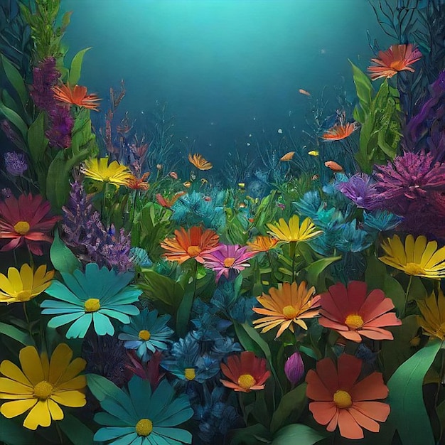 Multicolored neon flowers in cut paper style Plants on the seabed ai Generated