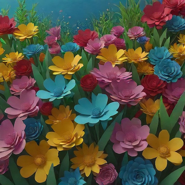 Multicolored neon flowers in cut paper style Plants on the seabed ai Generated