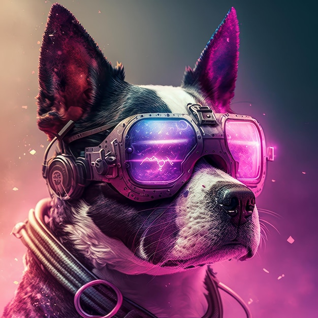 Multicolored neon futuristic portrait of a dog in VR glasses Artwork for tshirts posters covers