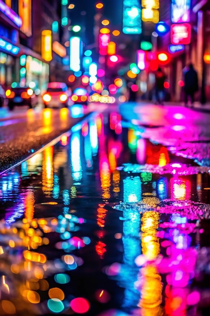 Photo multicolored neon lights on a dark city street reflection of neon light in puddles and water abstract night background blurred bokeh light night view