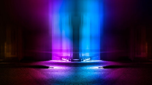 Multicolored neon lights on a dark city street reflection of neon light in puddles and water abstract night background