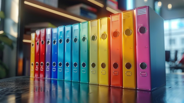 Photo multicolored new segregator folders stand on a shelf in a modern office