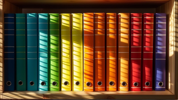 Photo multicolored new segregator folders stand on a shelf in a modern office