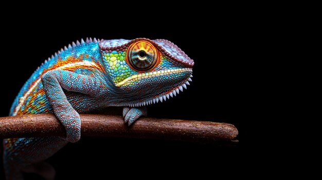 Photo multicolored panther chameleon is sitting on the branch green leaves background