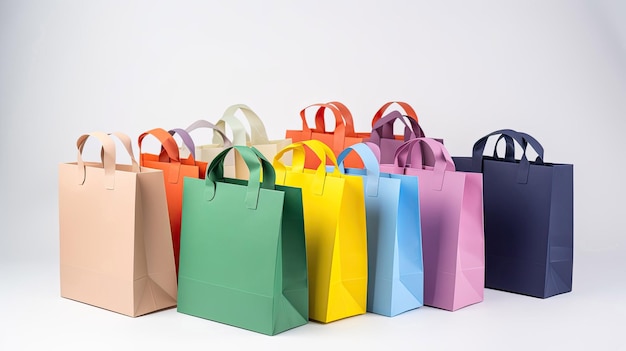 Multicolored paper bags on white background with Generative AI Technology