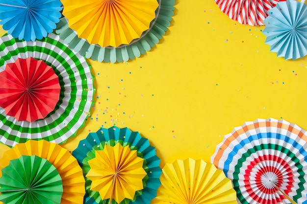 Multicolored paper rosettes of various sizes on a yellow.