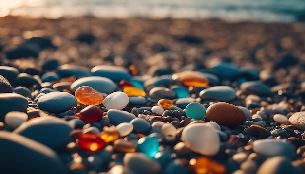 Multicolored pebbles closeup Smooth stones on the seashore Marine stones at sunset AI generated