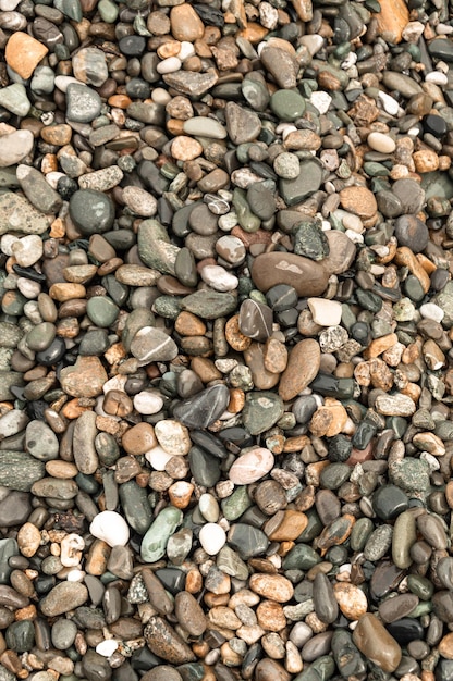 Multicolored pebbles on the seashore shimmers from the water in the sun free space closeup texture b