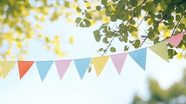 Multicolored pennant string hanging from a green tree against a blue sky. Generative Ai.