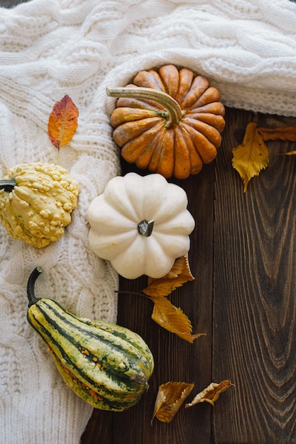 Multicolored pumpkins and dry autumn leaves on wooden background Flat lay top view for Autumn fall Thanksgiving concept Autumn background