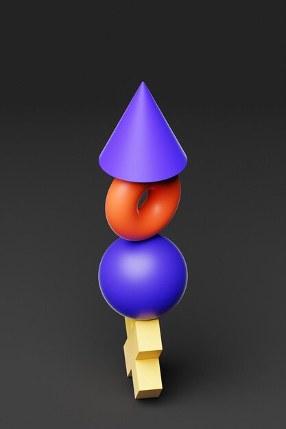 Multicolored pyramid of various balancing figures 3D rendering