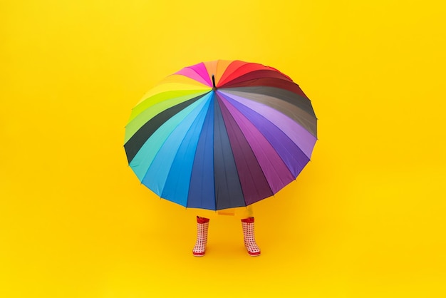 A multicolored rainbow umbrella with legs in red rubber boots on a yellow isolated background Rainy spring autumn weather Legs peek out from under the umbrella