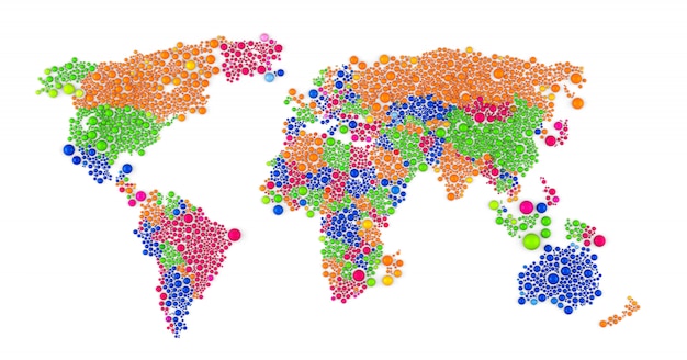 Multicolored raster abstract composition of World Map constructed of spheres items. 3D rendering illustration.