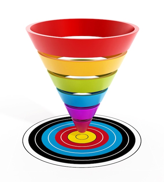 Multicolored sales funnel pointing the target center isolated on white