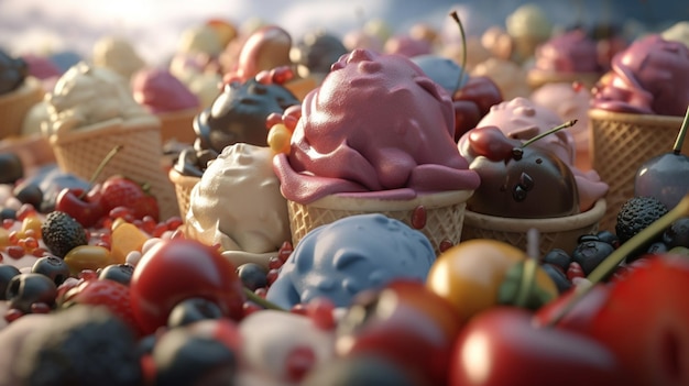 Multicolored scoop of ice cream in waffle cone Sweet food dessert