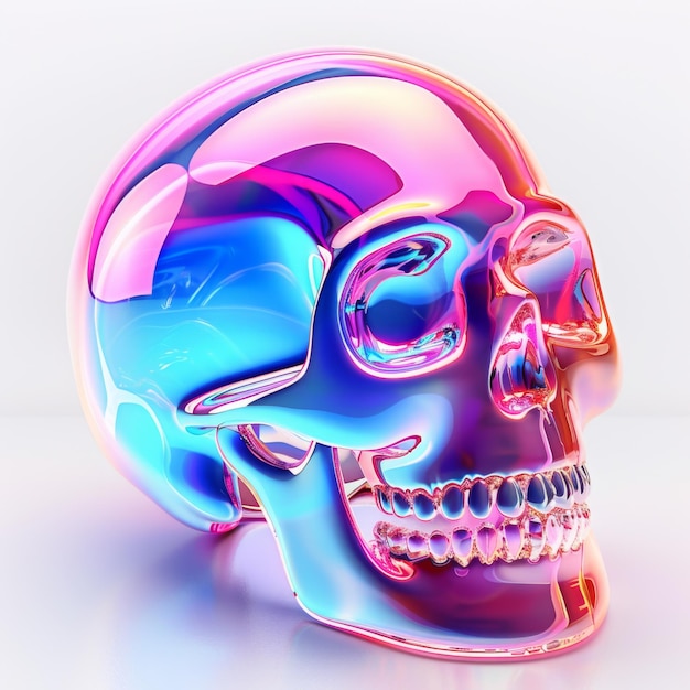 Photo a multicolored skull sits on a white surface reflecting light with its holographic sheen holographic skull on white generative ai