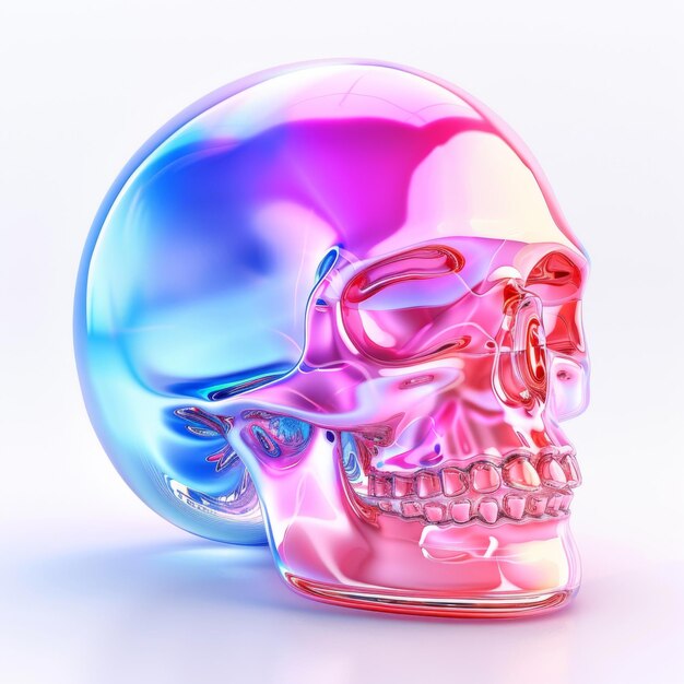 A multicolored skull sits on a white surface reflecting light with its holographic sheen Holographic skull on white Generative AI