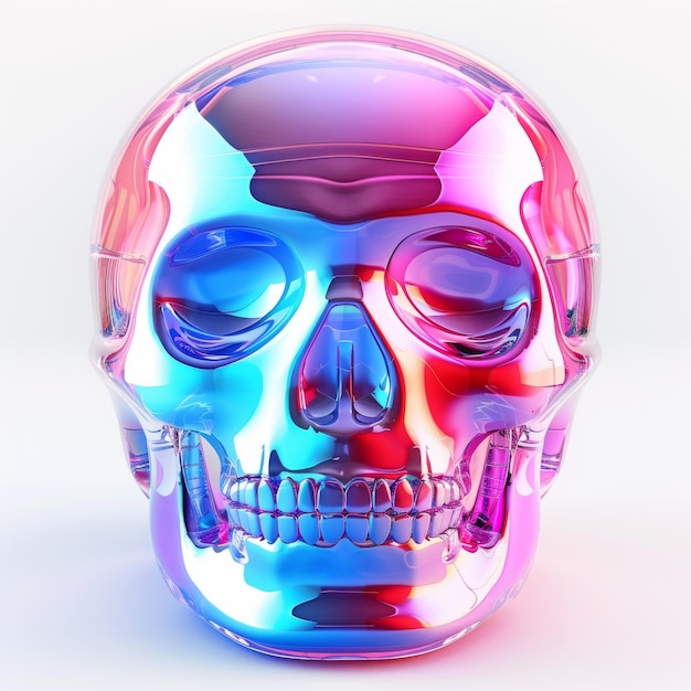 A multicolored skull sits on a white surface reflecting light with its holographic sheen Holographic skull on white Generative AI