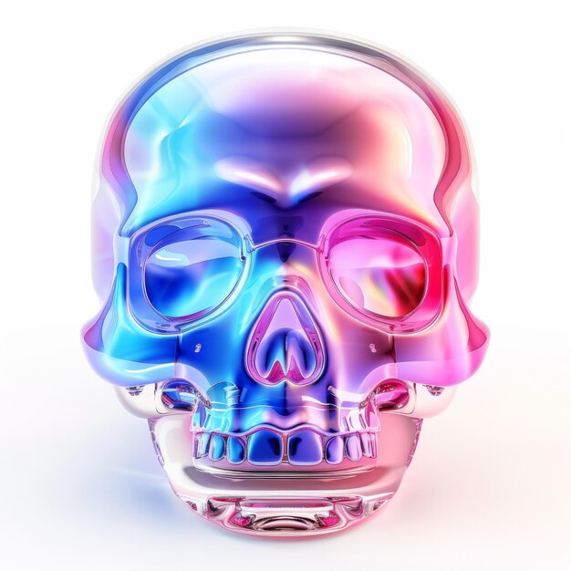 A multicolored skull sits on a white surface reflecting light with its holographic sheen Holographic skull on white Generative AI