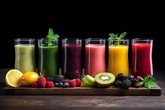 multicolored smoothies on a dark wooden table