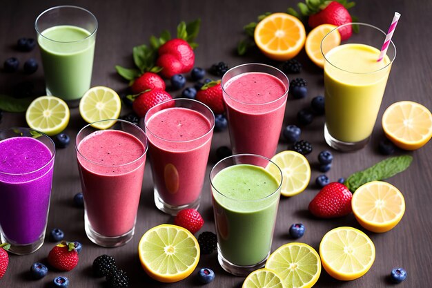 Multicolored smoothies in different glasses stand on a dark wooden table berries fruits and greens are cut nearby