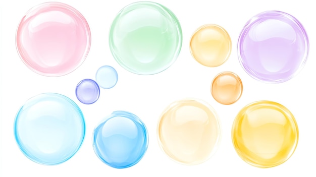 multicolored soap bubbles set on white background soap bubbles set