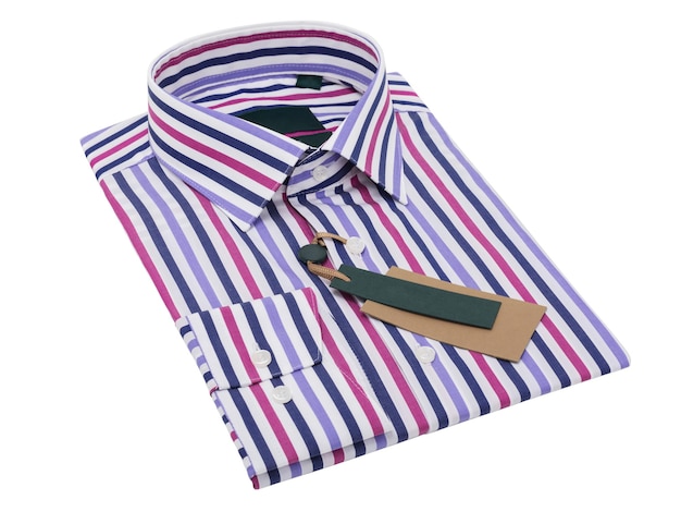 Multicolored striped folded mens shirt with long sleeves and buttons isolated on white background