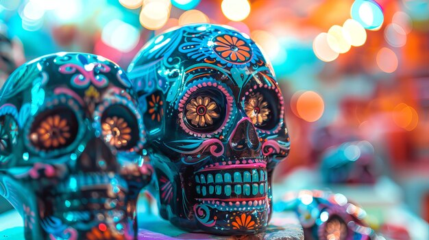 Photo multicolored sugar skulls with intricate designs colorful day of the dead skulls concept of dia de los muertos mexican culture vibrant celebrations art halloween