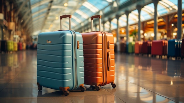 Multicolored suitcases in an airport terminal