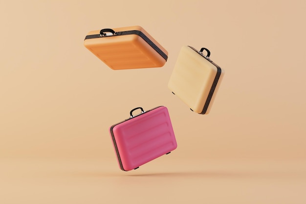 Multicolored suitcases flying across the pastel background 3D render