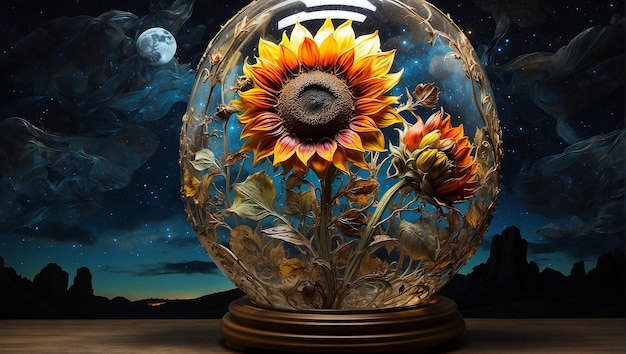 A multicolored sunflower under glass night sky surrealism abstract whimsical atmosphere