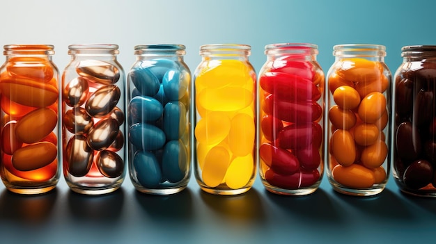 Multicolored tablets in glass jars Theme of medicine and new drugs