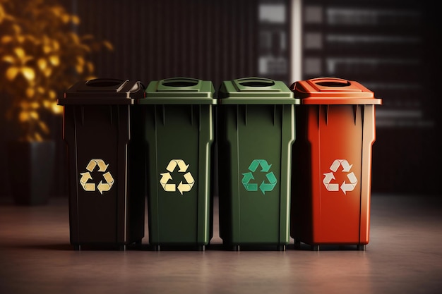 Multicolored trash cans with recycle symbols standing in a row Eco recycling concept AI generated