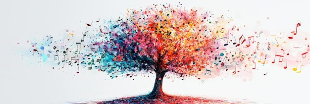 Multicolored tree sheds leaves transforming into notes