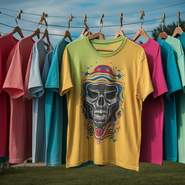 Photo multicolored tshirts hanging on a clothesline realistic clothing photography