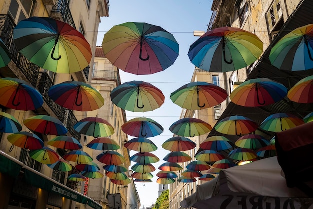 Multicolored umbrellas used as an artwork installation