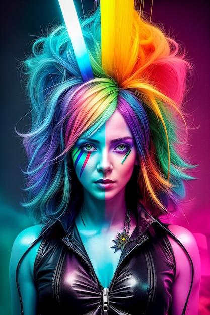 Multicolored vibrant color rainbow womanPunk styleDark tonesChaos apocalypseDigital creative designer art drawingAI illustration