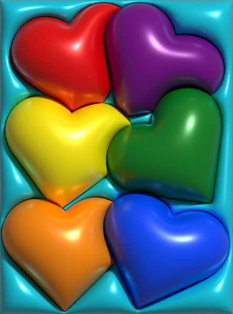 Multicolored volumetric hearts on a blue background 3D rendering illustration