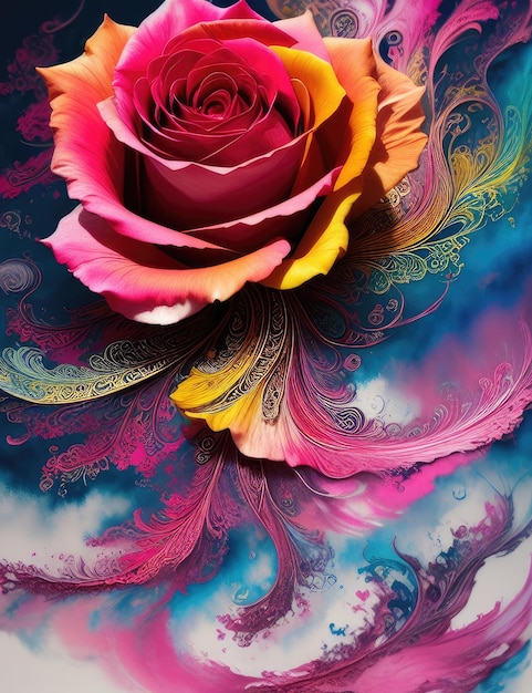 Multicolored and voluminous art of a rosebud closeup Generative AI