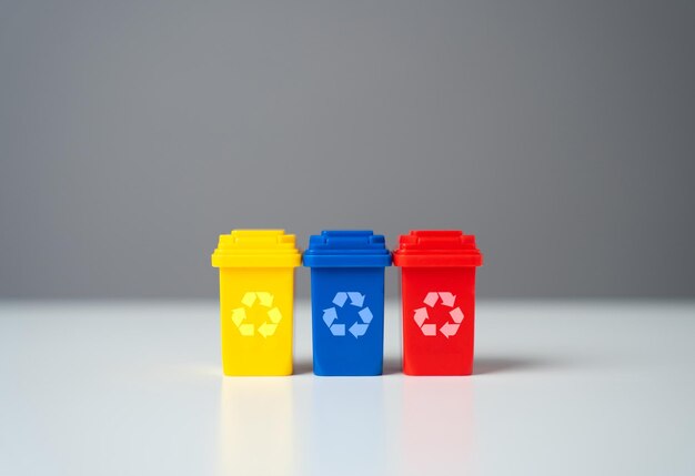 Multicolored waste recycling bins Conserve natural resources reduce waste create jobs in recycling industry Circular economy Selling recycled material or getting grants for green projects