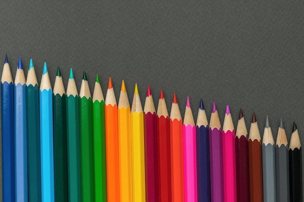 Multicolored wooden pencils on a gray background