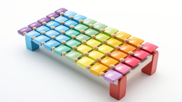 A multicolored wooden toy rests on a white table