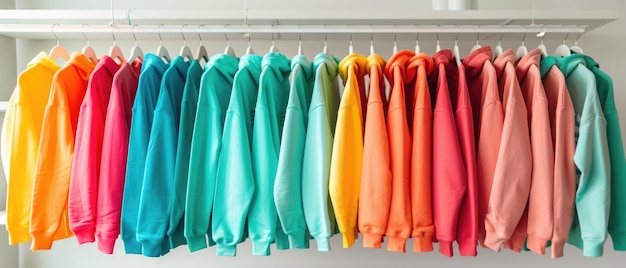 Multicolored youth sweaters and hoodies on hangers in a store clothing concept