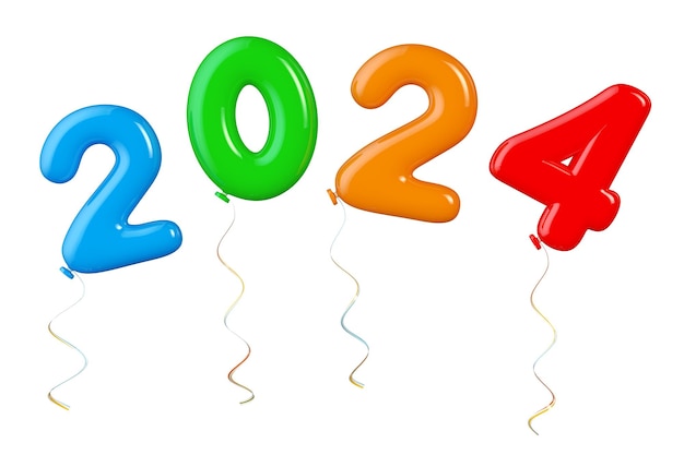 Multicolour Balloons as 2024 New Year Sign on a white background 3d Rendering