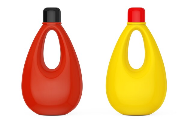 Multicolour Blank Plastic Bottles for Bleach, Liquid Laundry Detergent or Fabric Softener on a white background. 3d Rendering.