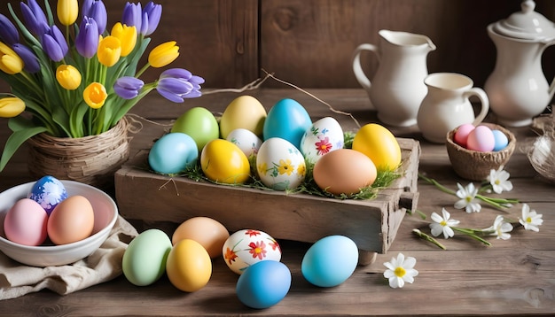 Multicoloured Easter eggs in a beautiful wooden bowl on a table