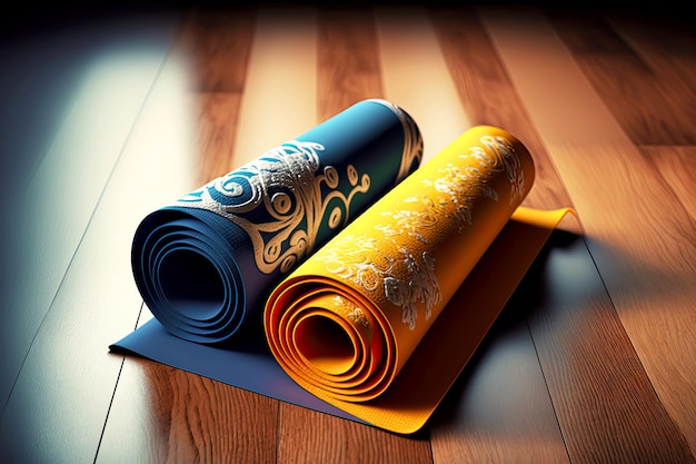 Multicoloured mats folded in empty yoga studio