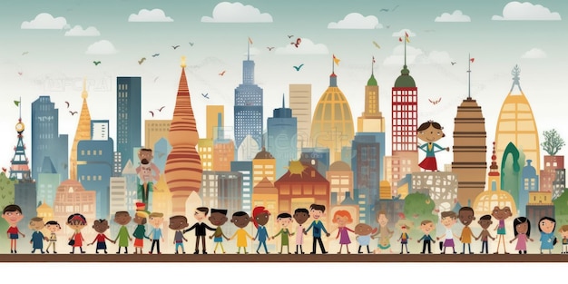 Multicultural diverse children cartoon with city skyline of world landmarks on white background generative ai AIG32